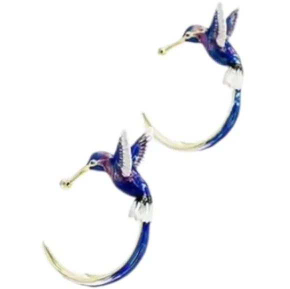 New! Blue Enamel Hummingbird Hoop Earrings • Gold 3D Flying Bird Studs • NWOT - Picture 3 of 4